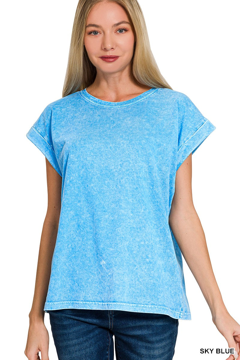 Mineral Washed Cuffed Sleeve Top { product_type }}