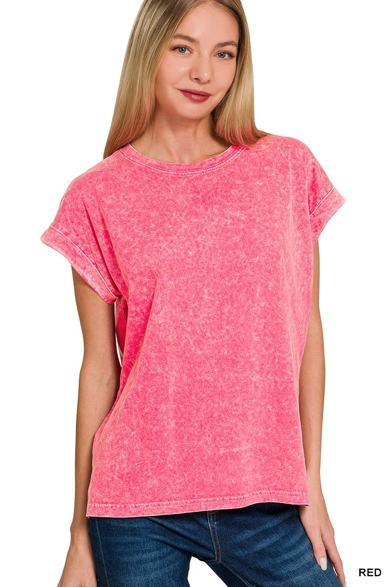 Mineral Washed Cuffed Sleeve Top-Top-Zenana-Three Birdies Boutique, Women's Fashion Boutique Located in Kearney, MO