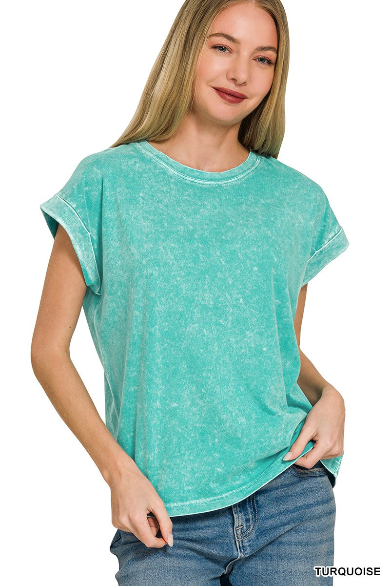 Mineral Washed Cuffed Sleeve Top { product_type }}