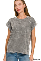 Mineral Washed Cuffed Sleeve Top-Top-Zenana-Three Birdies Boutique, Women's Fashion Boutique Located in Kearney, MO