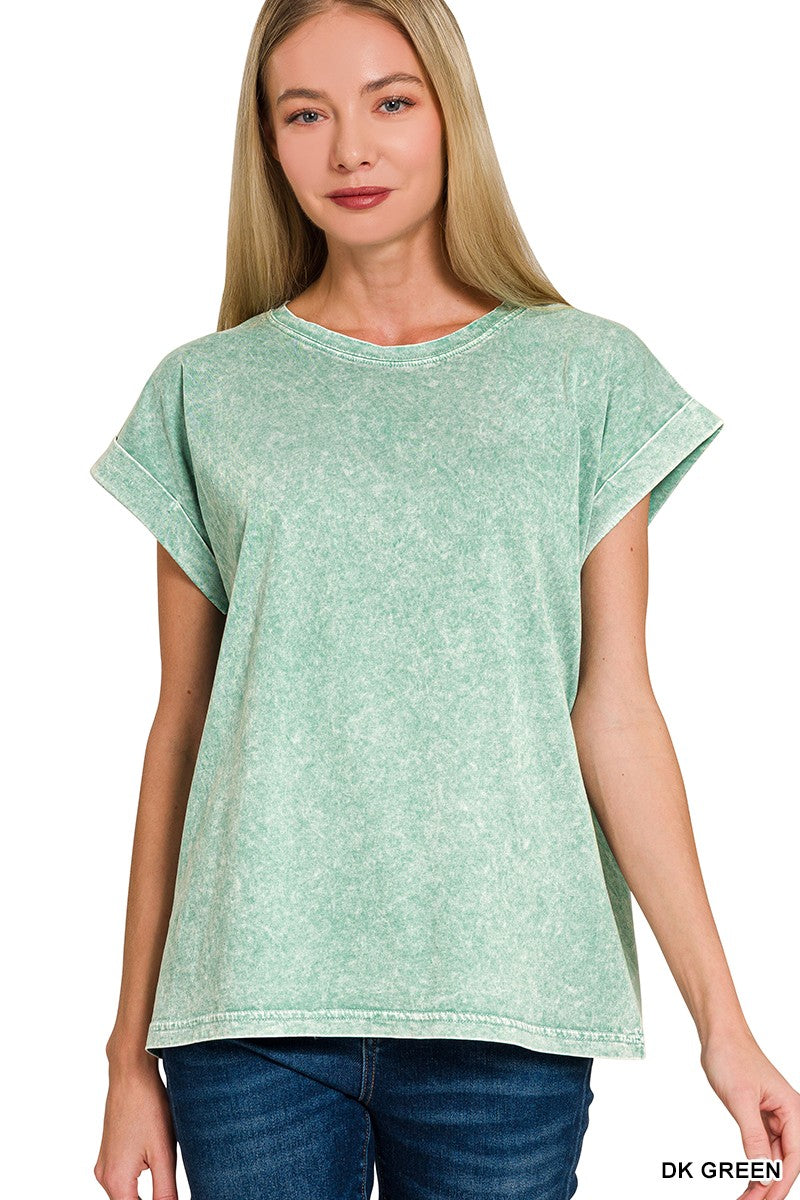 Mineral Washed Cuffed Sleeve Top-Top-Zenana-Three Birdies Boutique, Women's Fashion Boutique Located in Kearney, MO