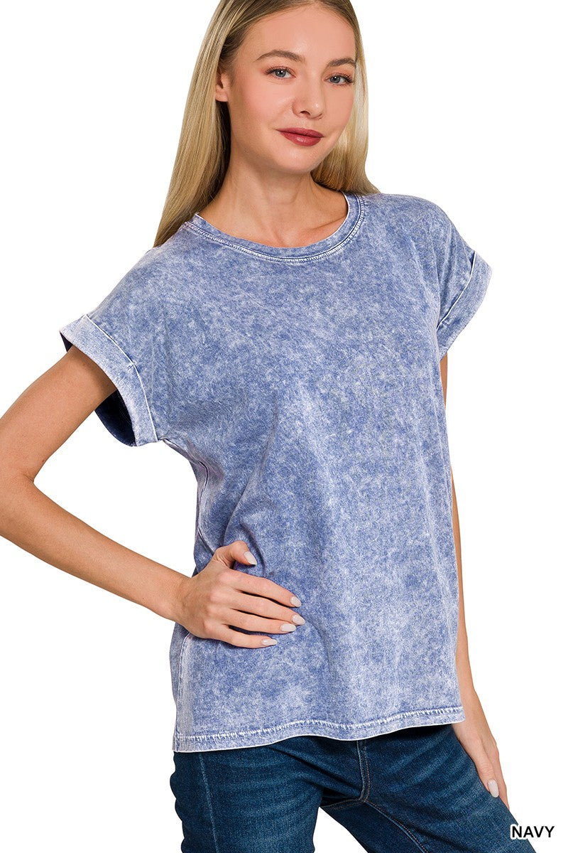 Mineral Washed Cuffed Sleeve Top-Top-Zenana-Three Birdies Boutique, Women's Fashion Boutique Located in Kearney, MO