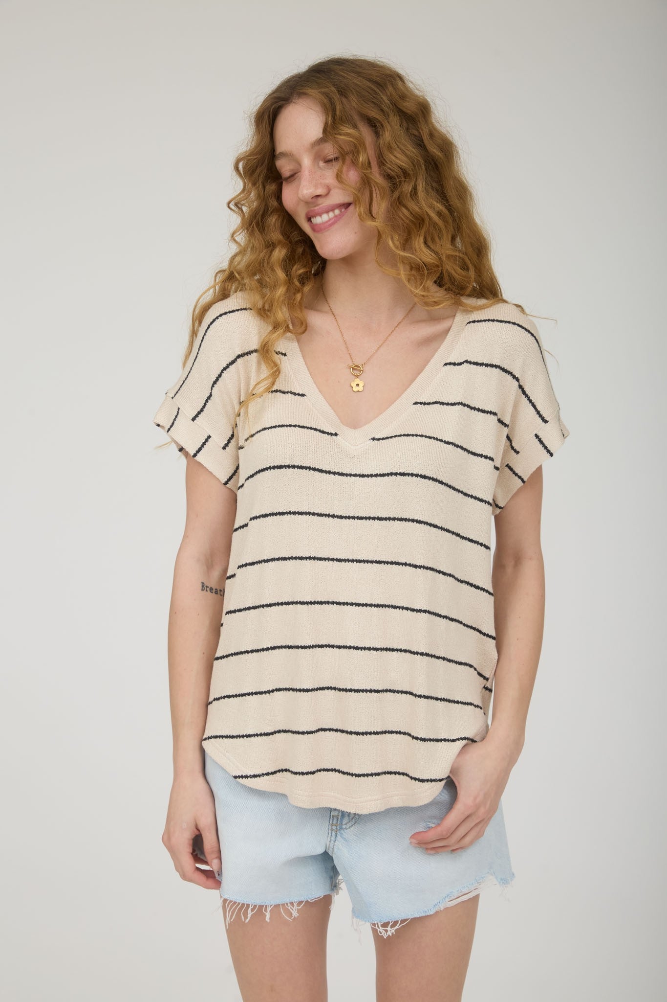 Stripe Cuffed Short Sleeve Top { product_type }}