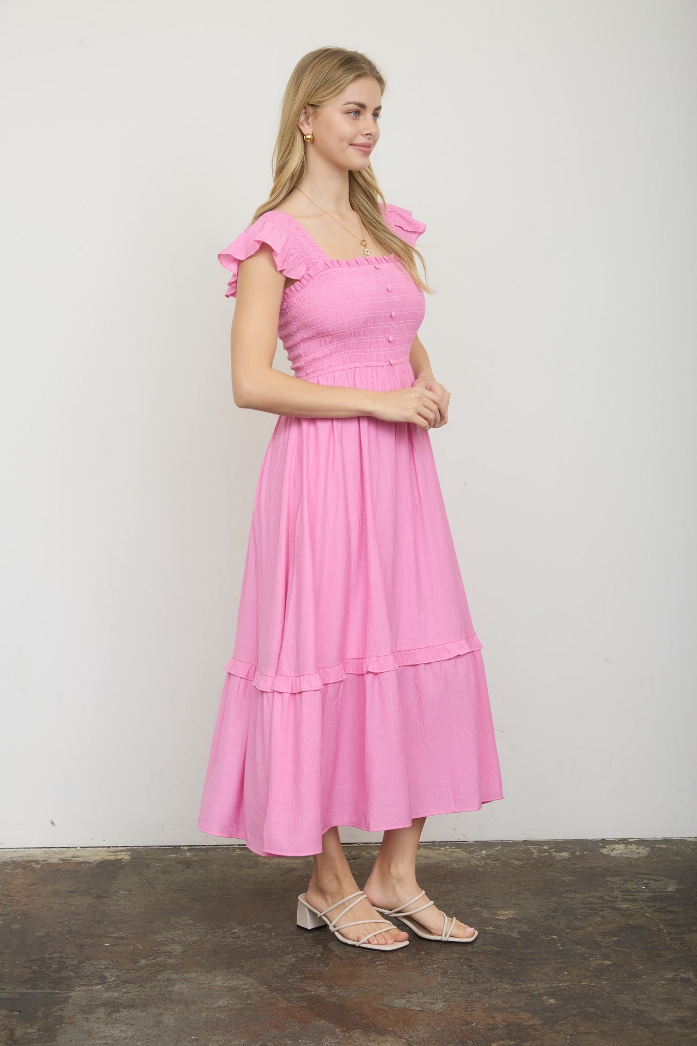 Pink Mock Button Smocked Midi Dress { product_type }}