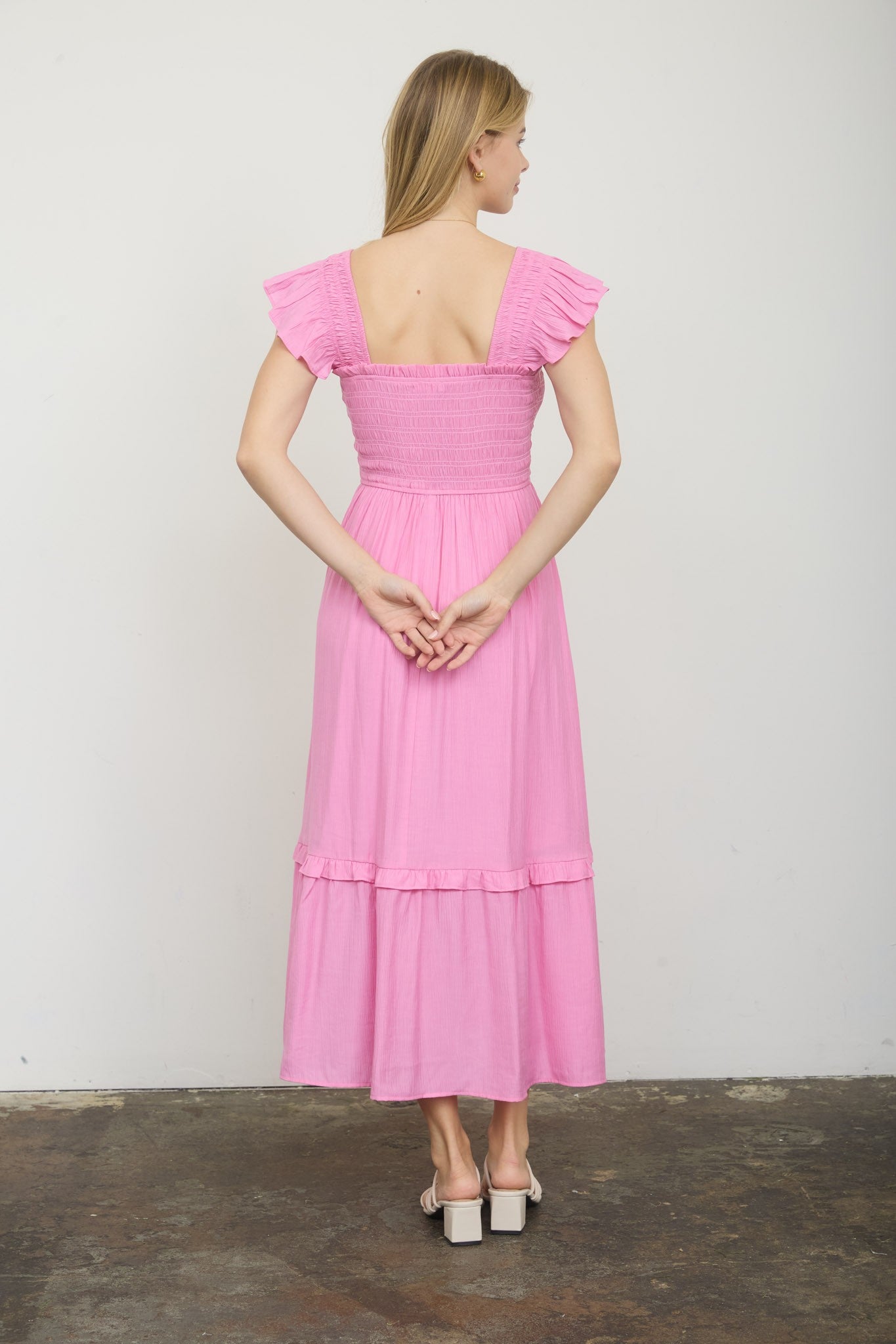 Pink Mock Button Smocked Midi Dress { product_type }}