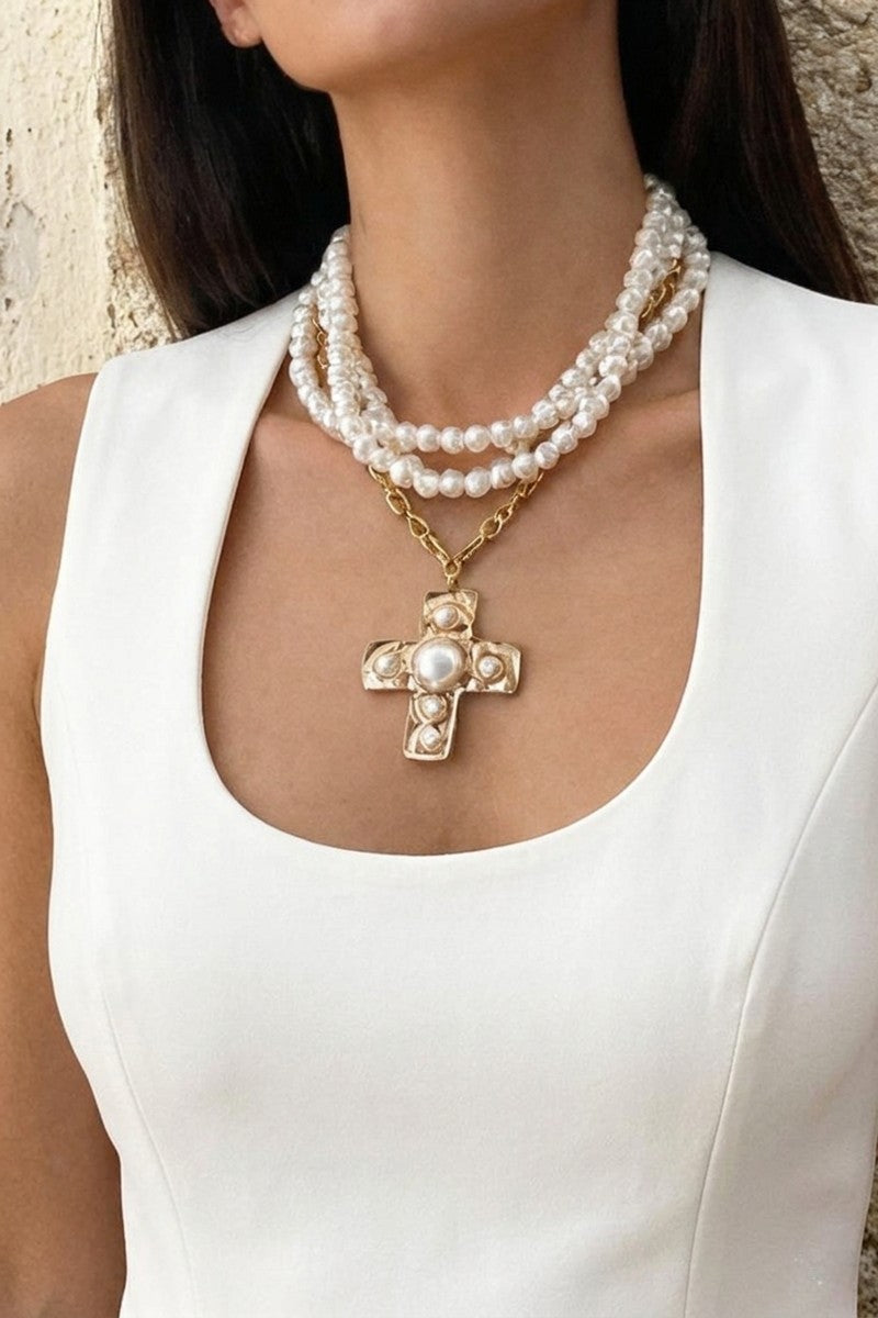 Notable Hammered Cross Multi-Wrap Pearl Necklace { product_type }}