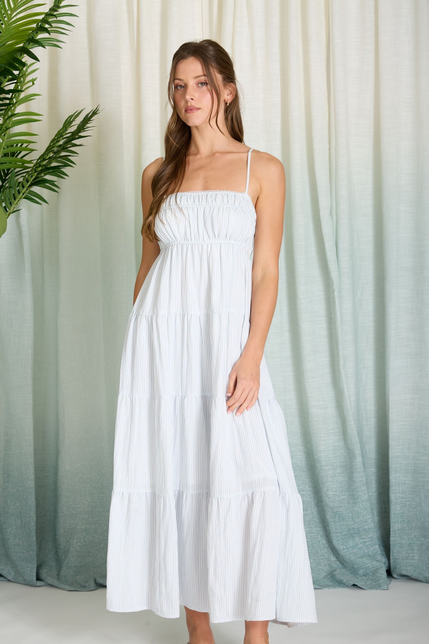 Stripe Shirred Empire Waist Dress { product_type }}