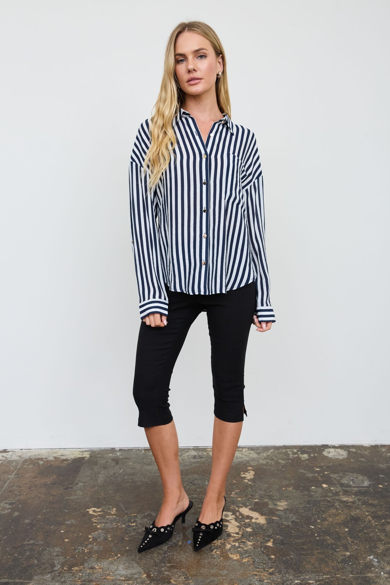 Vertical Stripe Collared Button Down Shirt { product_type }}