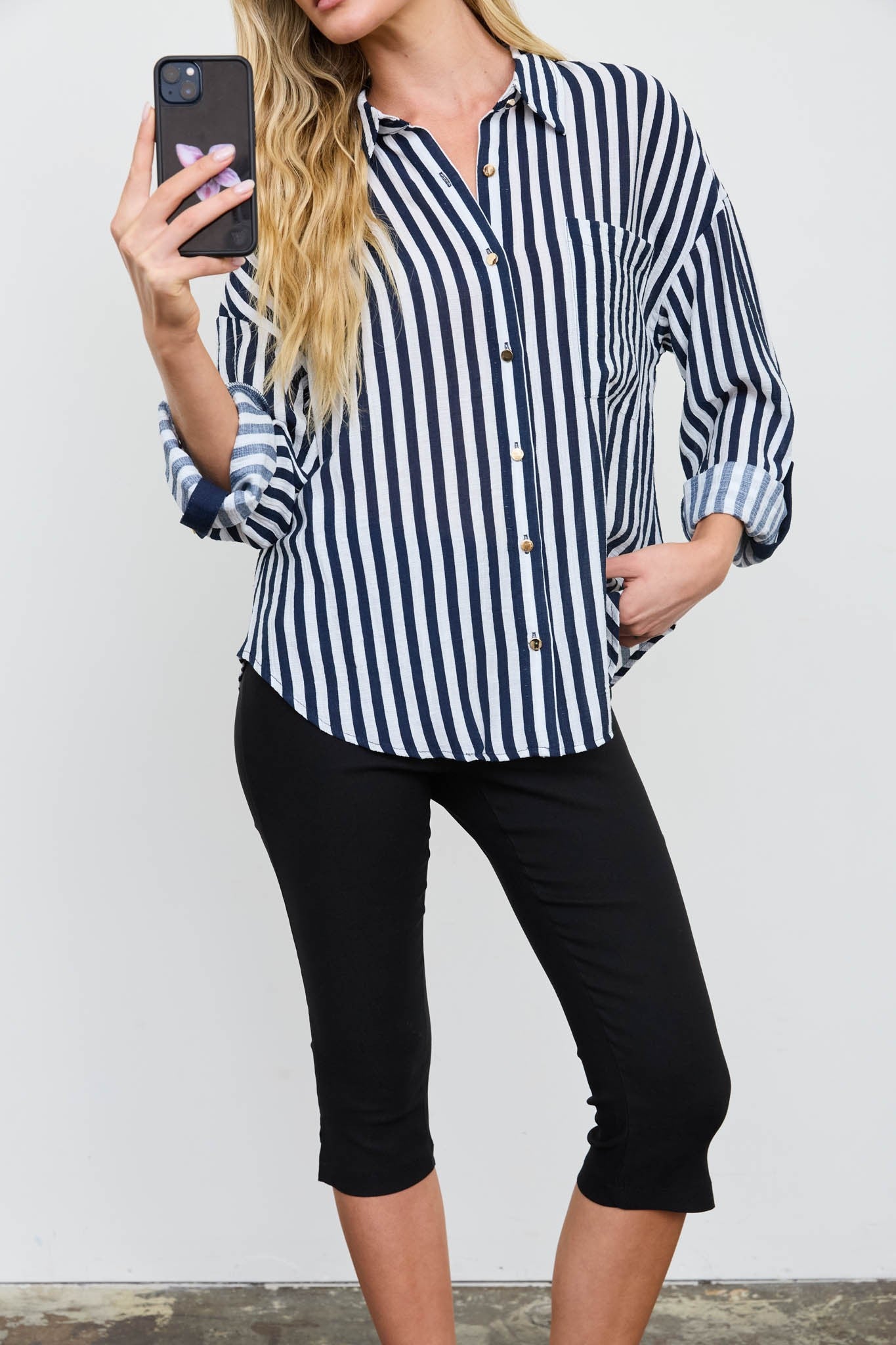Vertical Stripe Collared Button Down Shirt { product_type }}