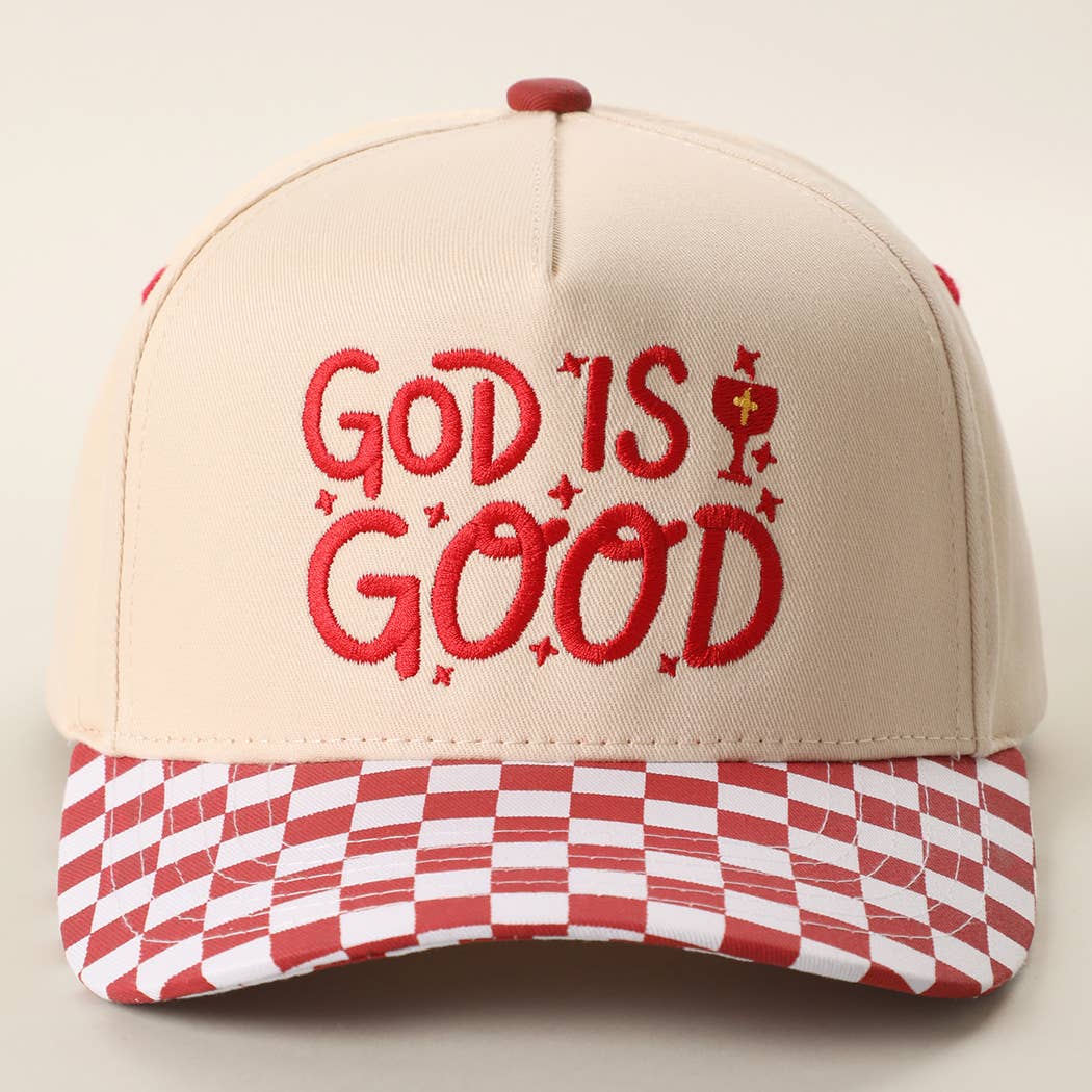 GOD IS GOOD Embroidered Checkered Brim Trucker Hat: RED / ONE SIZE { product_type }}