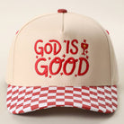 GOD IS GOOD Embroidered Checkered Brim Trucker Hat - Red { product_type }}