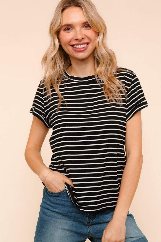 Black & White Striped Rolled Sleeve Top-Blouses-HEIMISH-Three Birdies Boutique, Women's Fashion Boutique Located in Kearney, MO