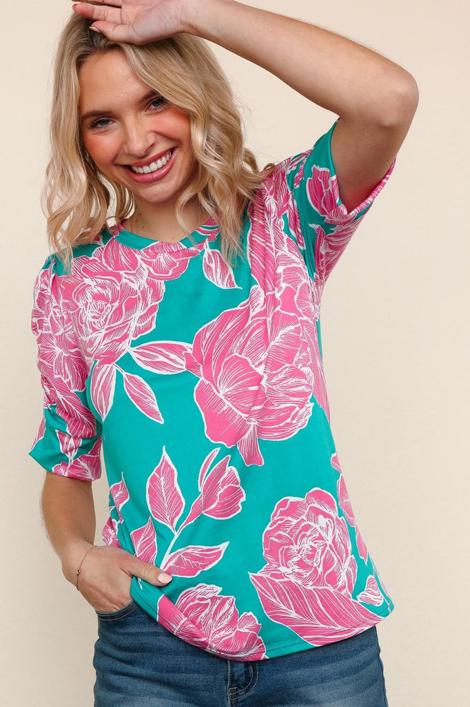 Floral Knit Top With Bubble Sleeve-Shirts & Tops-Haptics-Three Birdies Boutique, Women's Fashion Boutique Located in Kearney, MO