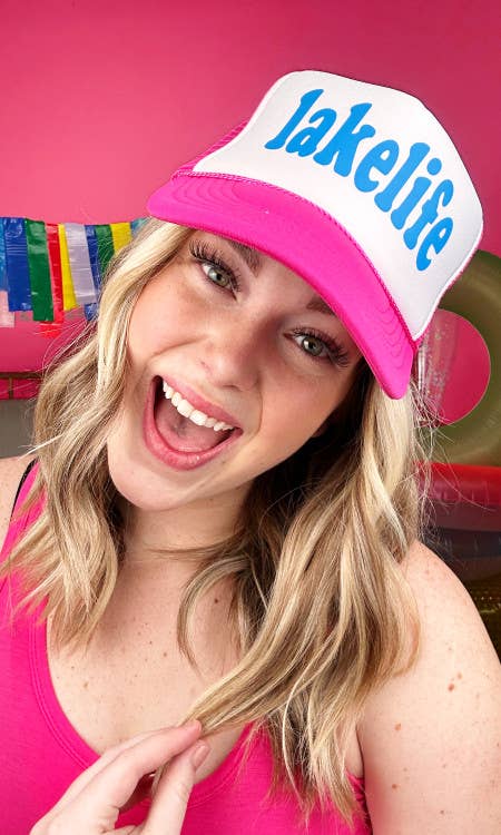 Hot Pink Lake Life Trucker Hat- Sugar Stitch-Three Birdies Boutique, Women's Fashion Boutique Located in Kearney, MO