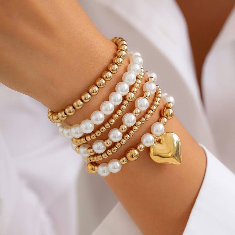 Pearl and Heart Stacked Bracelets { product_type }}