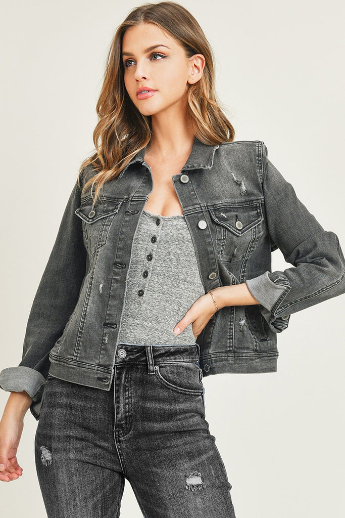 Vintage Wash Grey Denim Jacket-Denim Jacket-Risen-Three Birdies Boutique, Women's Fashion Boutique Located in Kearney, MO