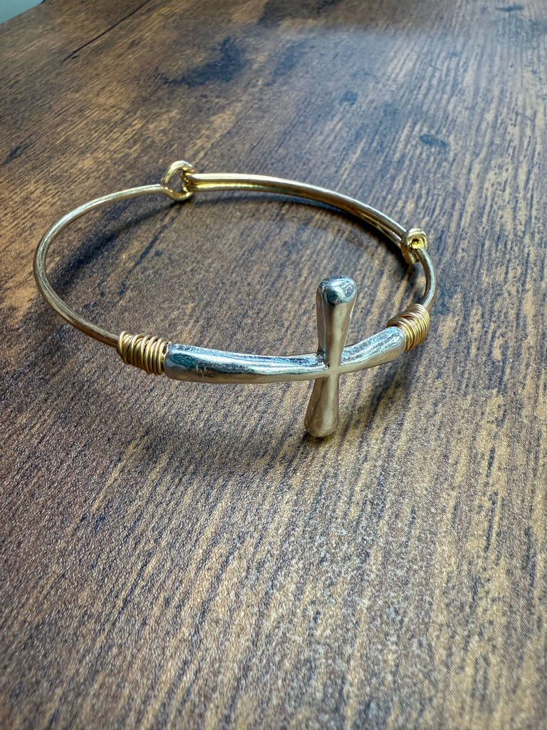 Two-tone Wire Wrapped Cross Bangle Bracelet : Silver-Paco Designs-Three Birdies Boutique, Women's Fashion Boutique Located in Kearney, MO
