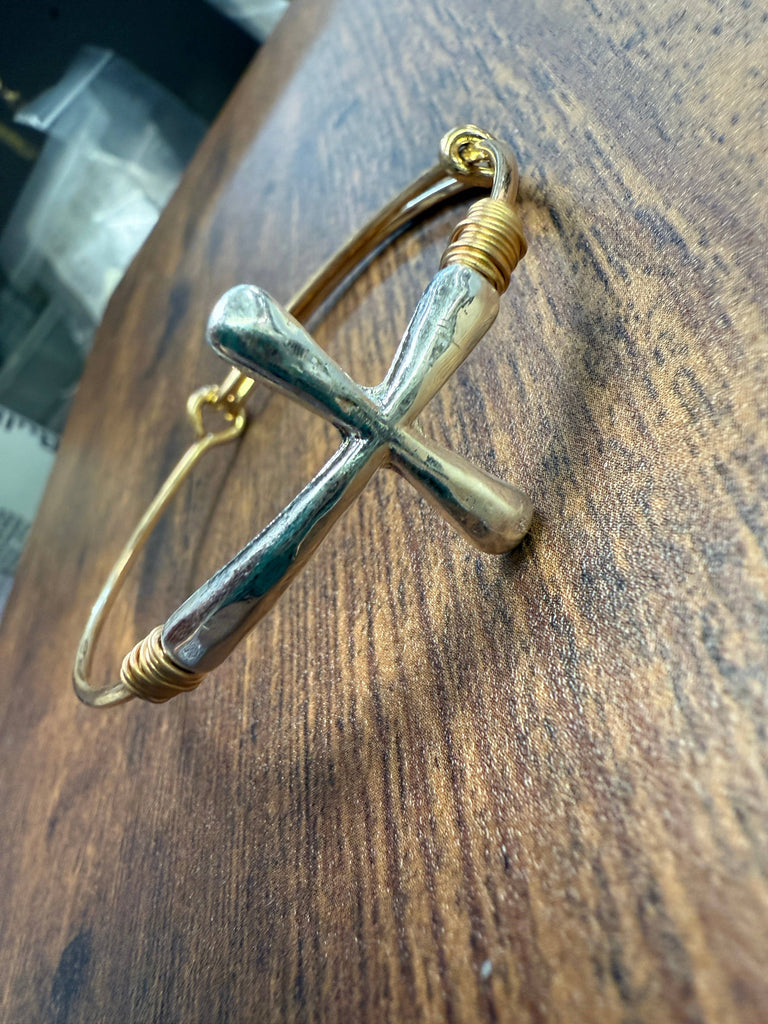 Two-tone Wire Wrapped Cross Bangle Bracelet : Silver-Paco Designs-Three Birdies Boutique, Women's Fashion Boutique Located in Kearney, MO