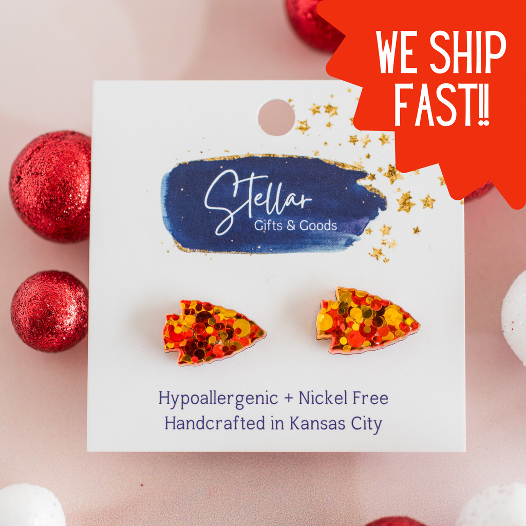 Red & Gold Confetti Arrowhead Studs Kansas City Football-Stellar Gifts & Goods Wholesale-Three Birdies Boutique, Women's Fashion Boutique Located in Kearney, MO