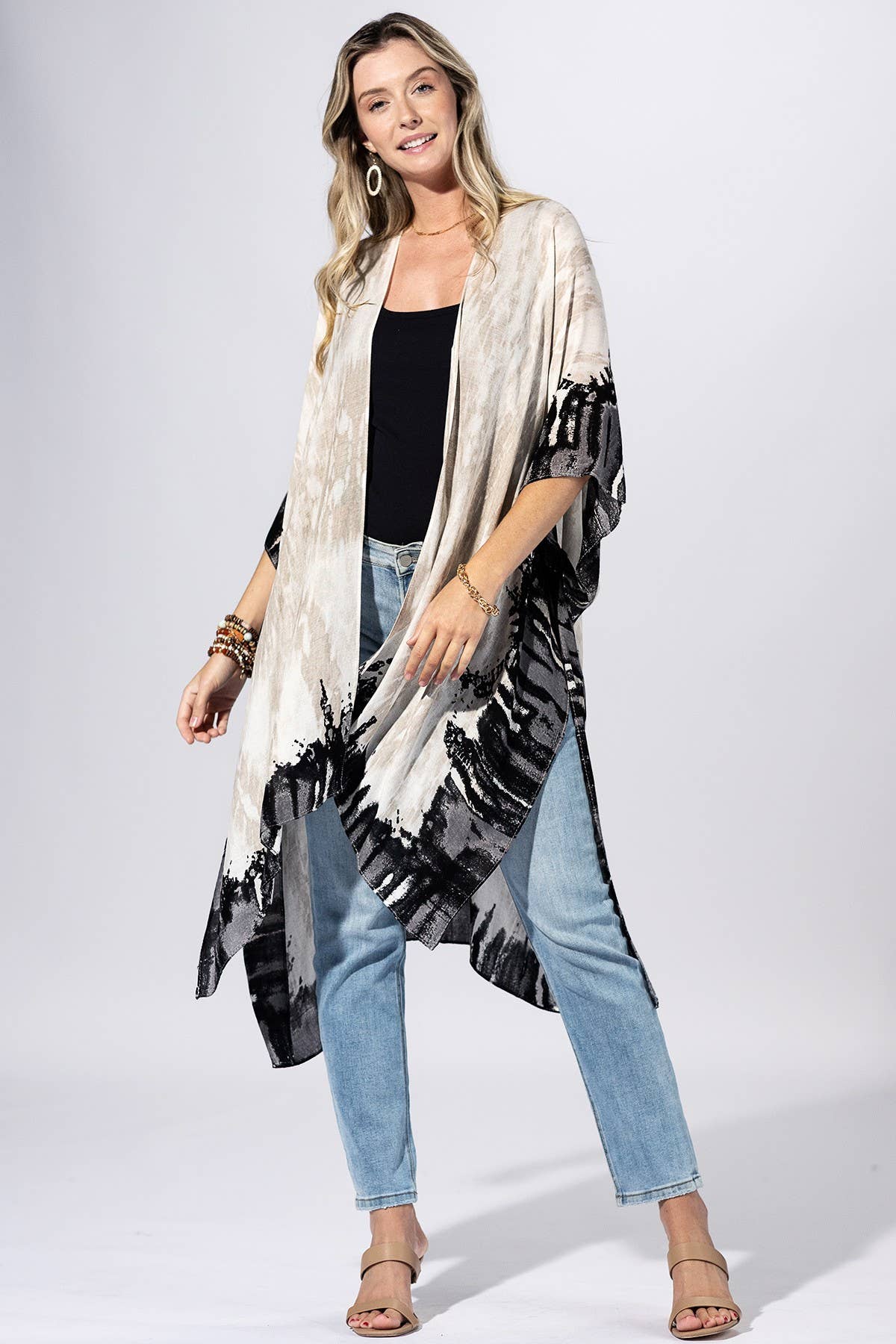 Black Beige Border Kimono: BLACK/BEIGE / 2 / One Size-Urbanista-Three Birdies Boutique, Women's Fashion Boutique Located in Kearney, MO