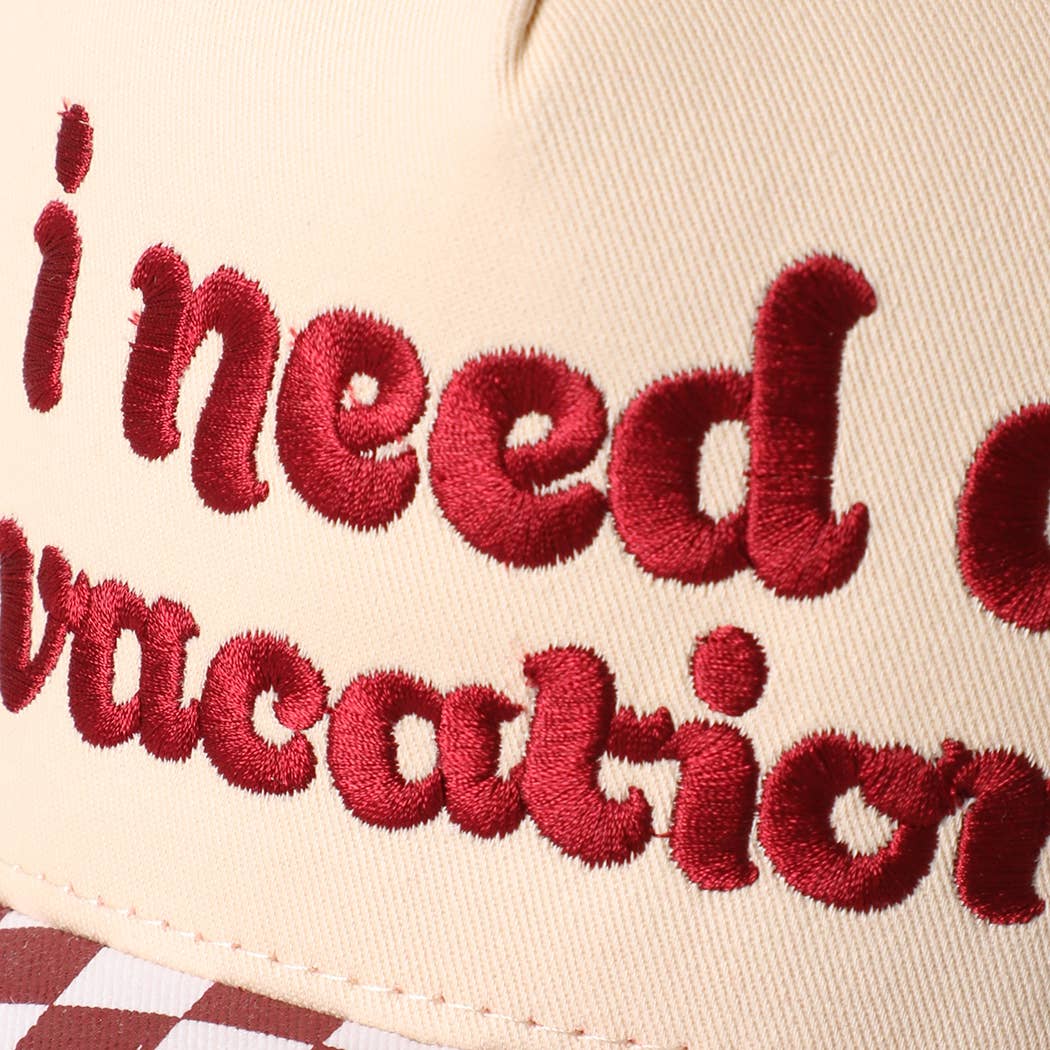 I Need A Vacation Embroidered Checkered Brim Trucker Hat: BLACK / ONE SIZE { product_type }}