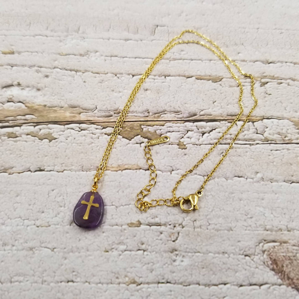 Natural Stone Cross Necklace: Purple-Treasure Wholesale-Three Birdies Boutique, Women's Fashion Boutique Located in Kearney, MO