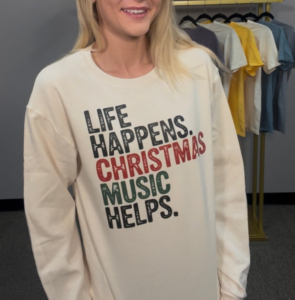 Life Happens Crewneck Cream-Graphic Tees-Tres Birdos Graphic Tees-Three Birdies Boutique, Women's Fashion Boutique Located in Kearney, MO