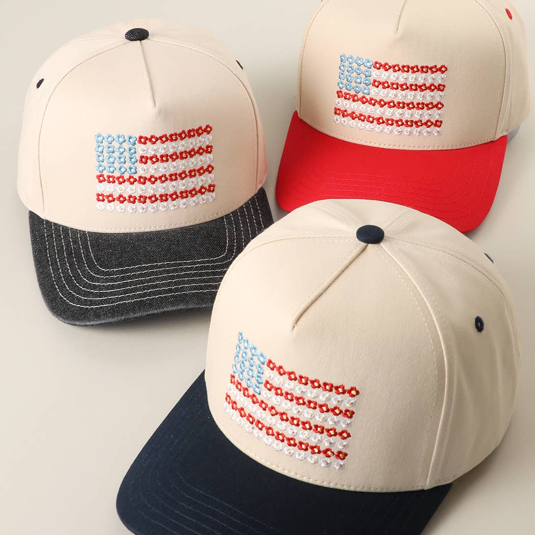 Floral American Flag Embroidered Two-Tone Denim Trucker Hat: LT DENIM / ONE SIZE { product_type }}