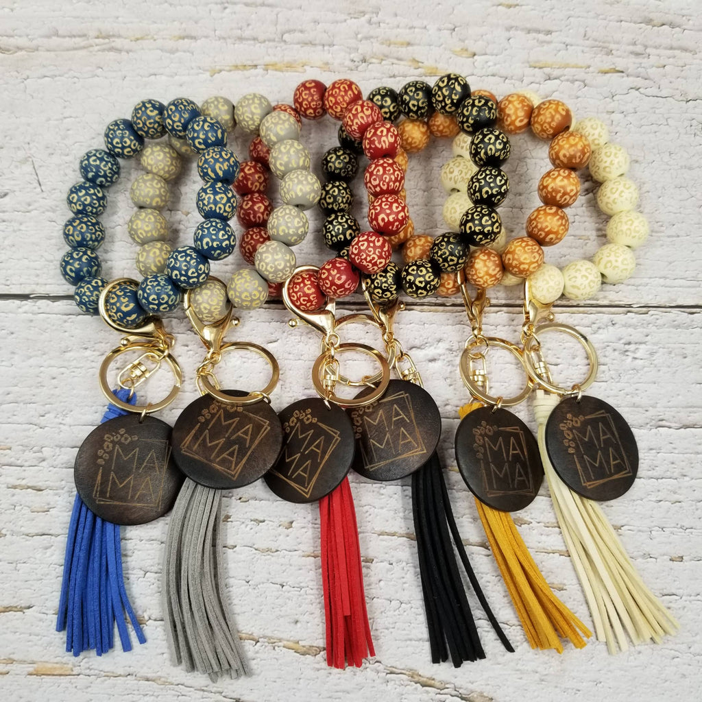 MAMA Leopard Wood Bead Bracelet Keychain: Red-Treasure Wholesale-Three Birdies Boutique, Women's Fashion Boutique Located in Kearney, MO