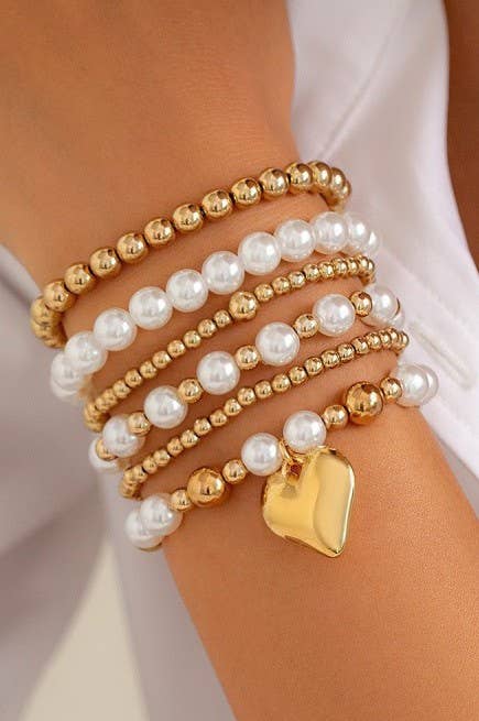 Pearl and Heart Stacked Bracelets-JOSSLYN by wall to wall-Three Birdies Boutique, Women's Fashion Boutique Located in Kearney, MO