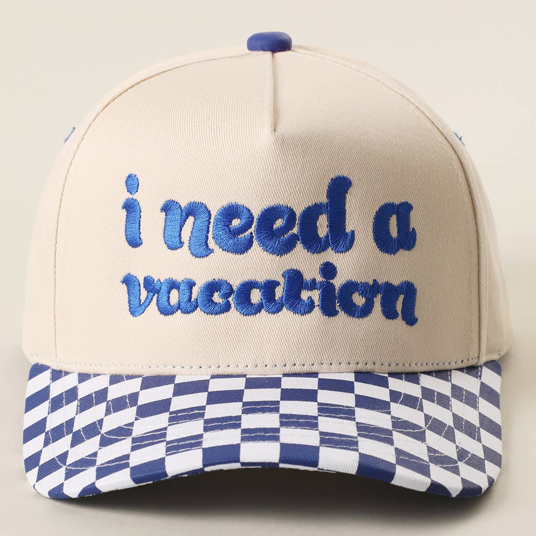 I Need A Vacation Embroidered Checkered Brim Trucker Hat: BLACK / ONE SIZE { product_type }}