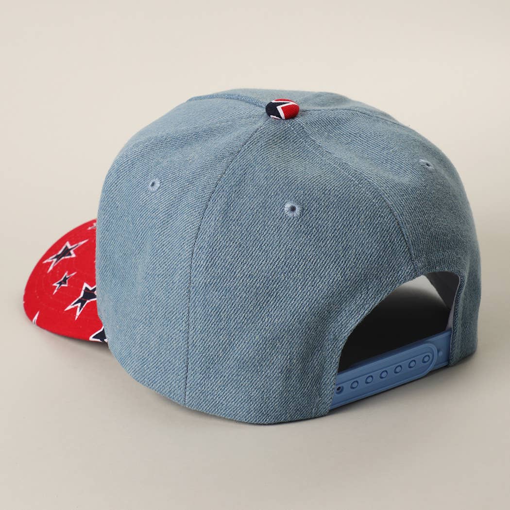 USA Embroidered Letter Patch Denim Trucker Hat: DENIM-RED / ONE SIZE { product_type }}
