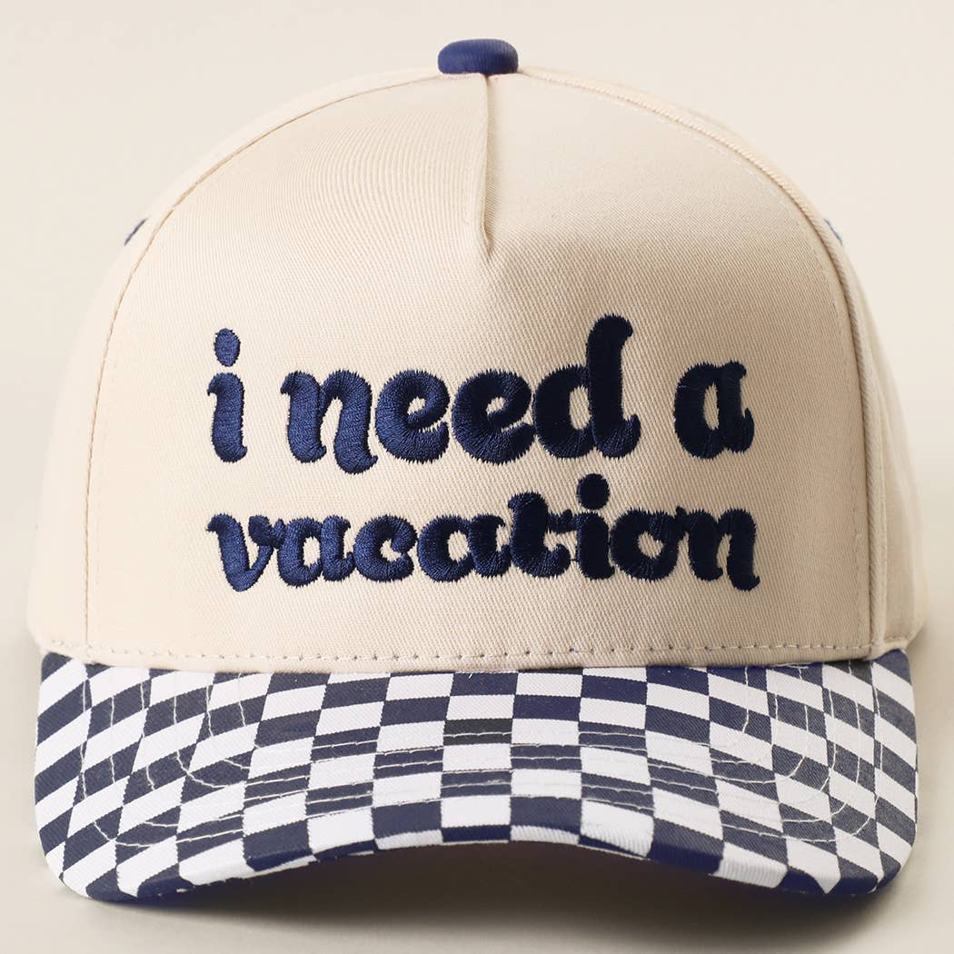 I Need A Vacation Embroidered Checkered Brim Trucker Hat: BLACK / ONE SIZE { product_type }}