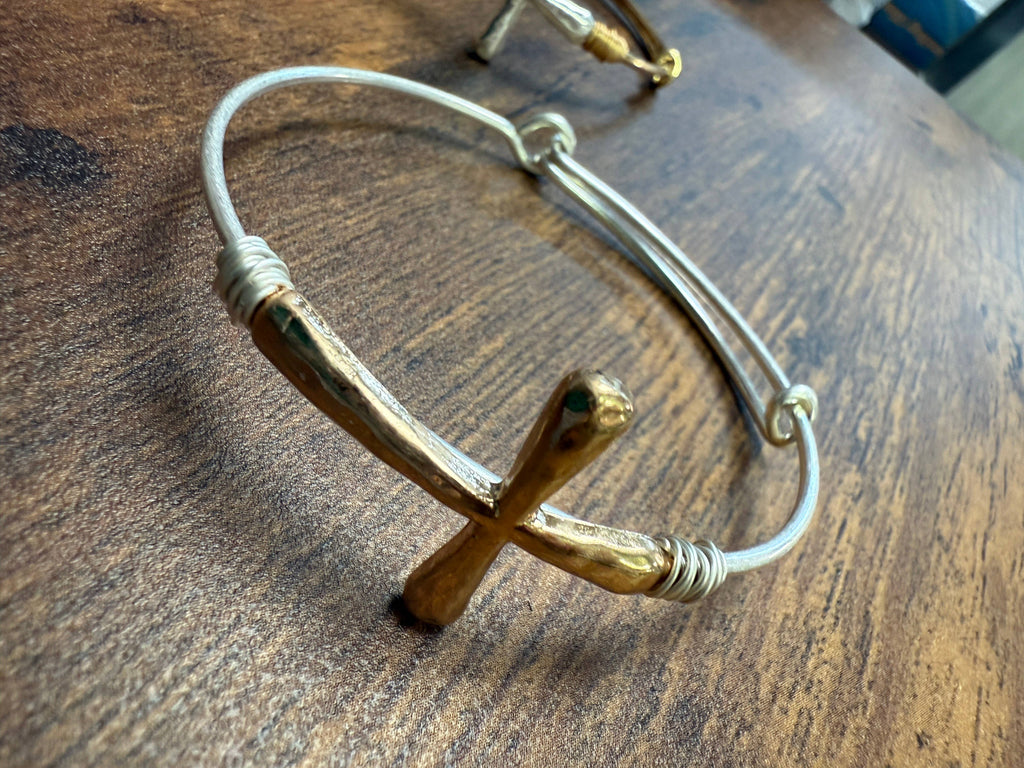 Two-tone Wire Wrapped Cross Bangle Bracelet : Silver-Paco Designs-Three Birdies Boutique, Women's Fashion Boutique Located in Kearney, MO