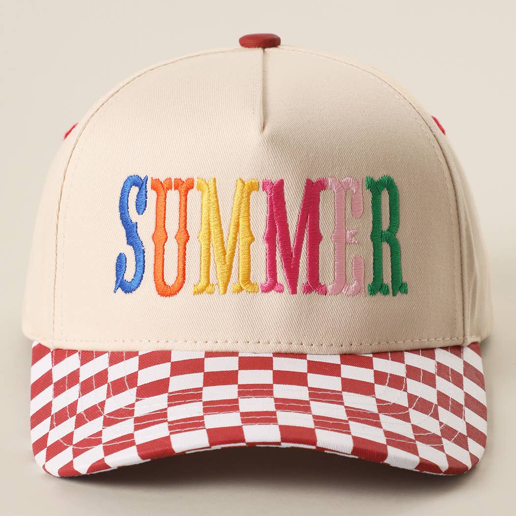 SUMMER Embroidered Checkered Brim Trucker Hat: BLUE / ONE SIZE { product_type }}