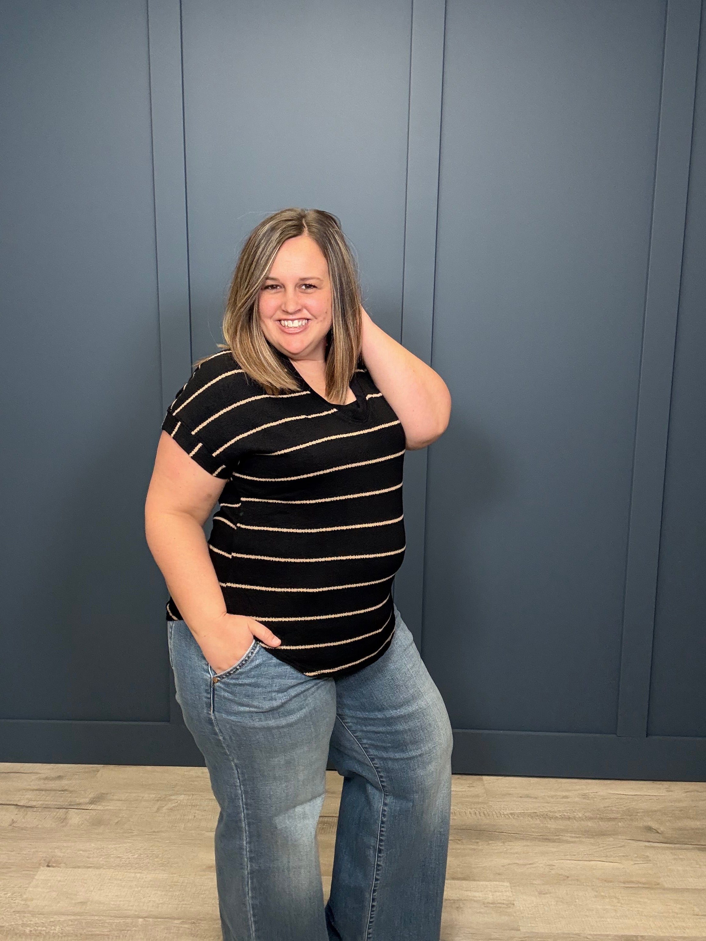 Stripe Cuffed Short Sleeve Top { product_type }}