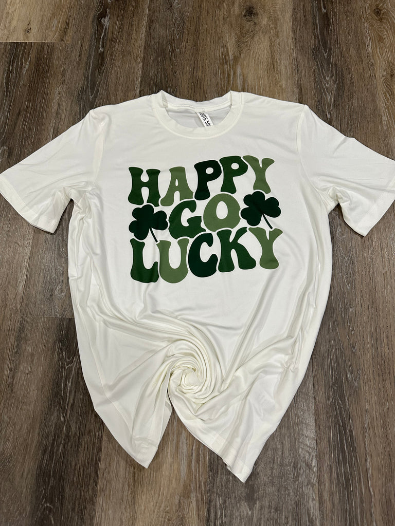 Happy Go Lucky Graphic Tee-Graphic Tees-Tres Birdos Graphic Tees-Three Birdies Boutique, Women's Fashion Boutique Located in Kearney, MO