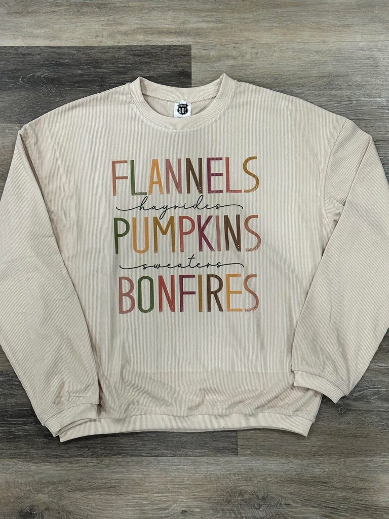 Corded Crewneck Flannel, Pumpkin-Sweatshirts-Route 50-Three Birdies Boutique, Women's Fashion Boutique Located in Kearney, MO