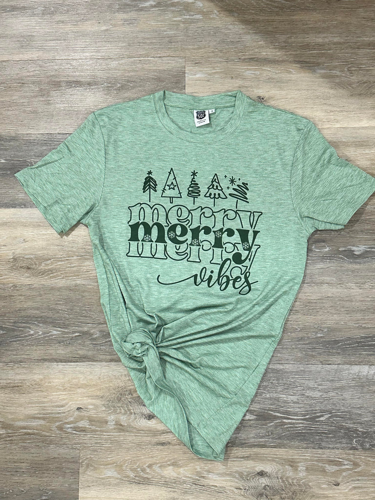Heathered Green Merry Vibes-Graphic Tees-Tres Birdos Graphic Tees-Three Birdies Boutique, Women's Fashion Boutique Located in Kearney, MO