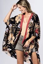 Black Hibiscus Contrast Trim Kimono { product_type }}