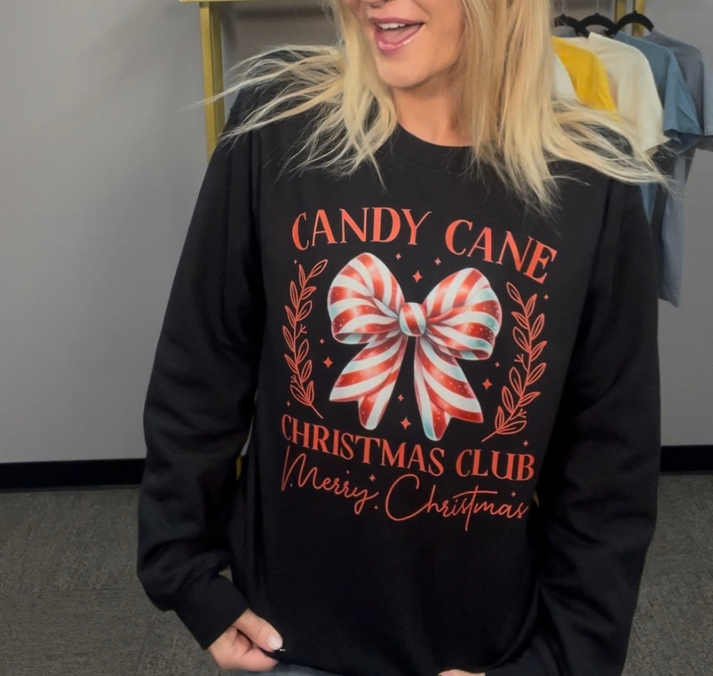 Candy Cane Christmas Club Crewneck-Graphic Tees-Tres Birdos Graphic Tees-Three Birdies Boutique, Women's Fashion Boutique Located in Kearney, MO