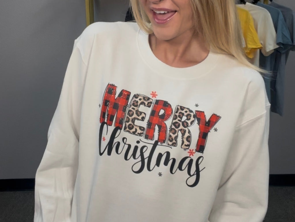 Merry Christmas Crewneck Cream-Graphic Tees-Tres Birdos Graphic Tees-Three Birdies Boutique, Women's Fashion Boutique Located in Kearney, MO