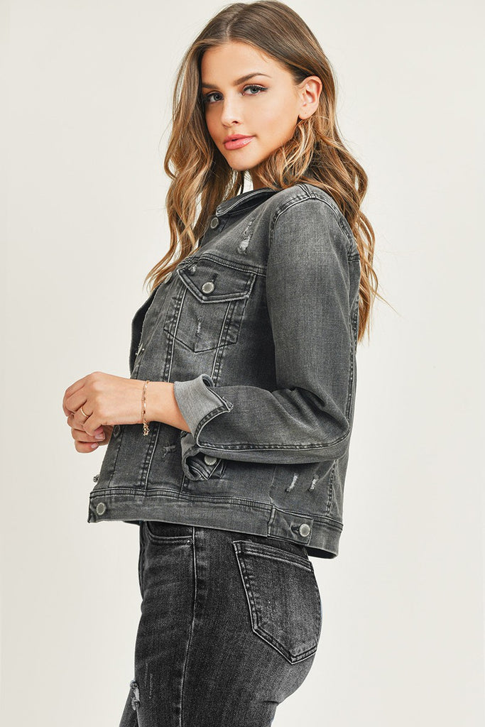 Vintage Wash Grey Denim Jacket-Denim Jacket-Risen-Three Birdies Boutique, Women's Fashion Boutique Located in Kearney, MO