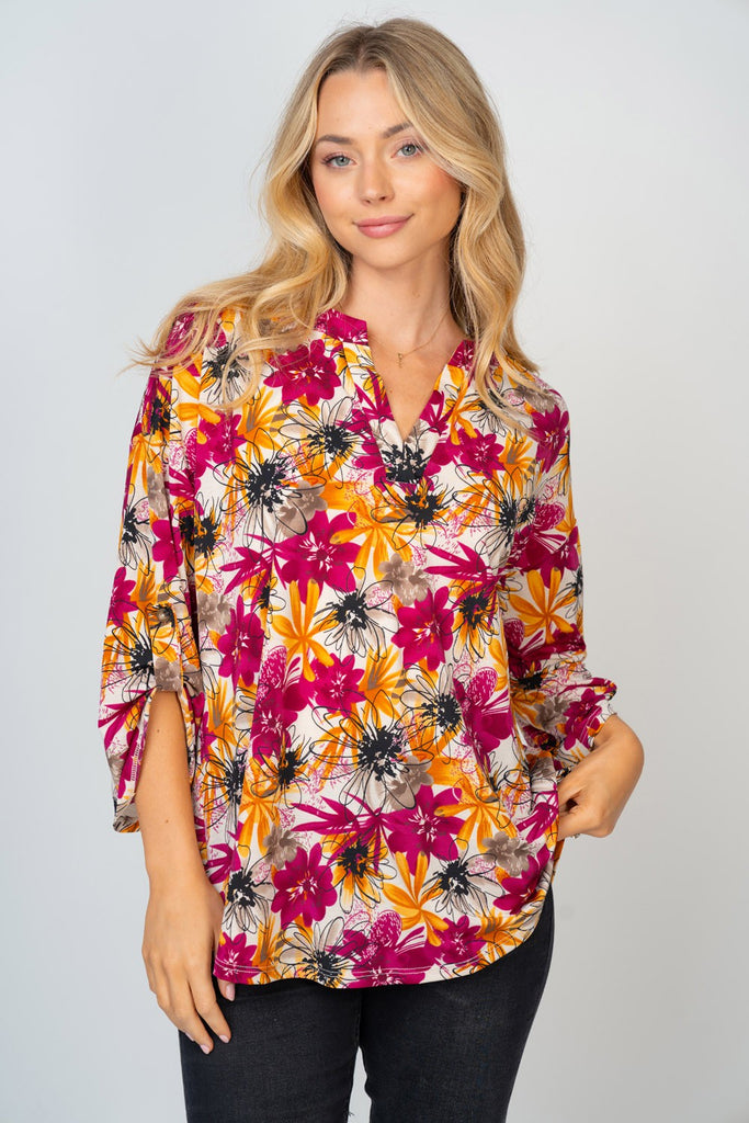 3/4 Sleeve Multi-Color Floral Blouse-Shirts & Tops-White Birch-Three Birdies Boutique, Women's Fashion Boutique Located in Kearney, MO