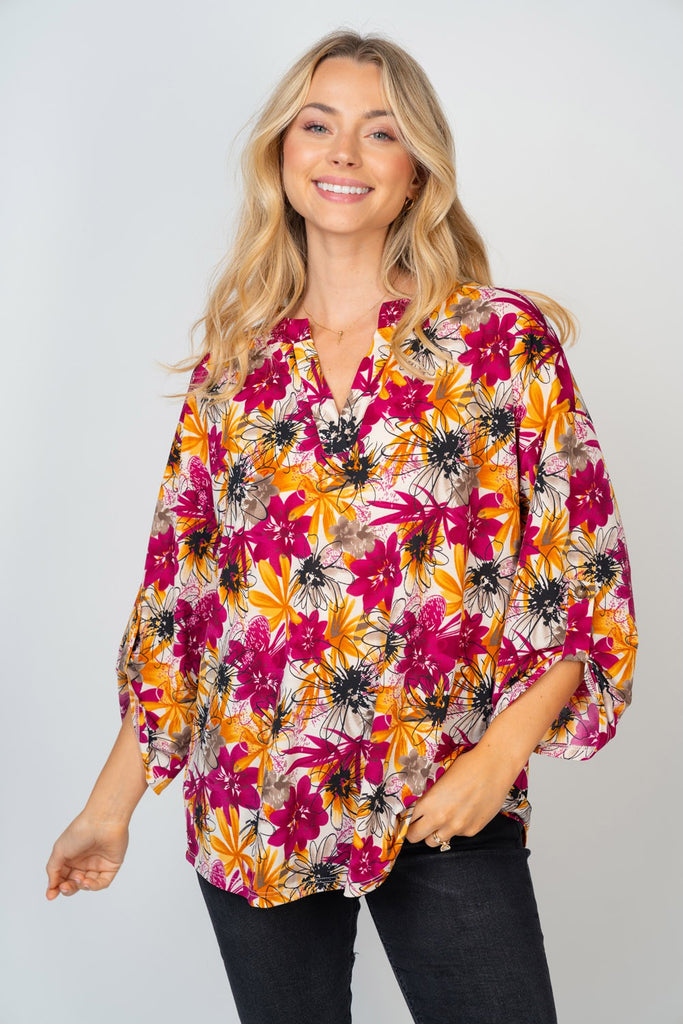 3/4 Sleeve Multi-Color Floral Blouse-Shirts & Tops-White Birch-Three Birdies Boutique, Women's Fashion Boutique Located in Kearney, MO