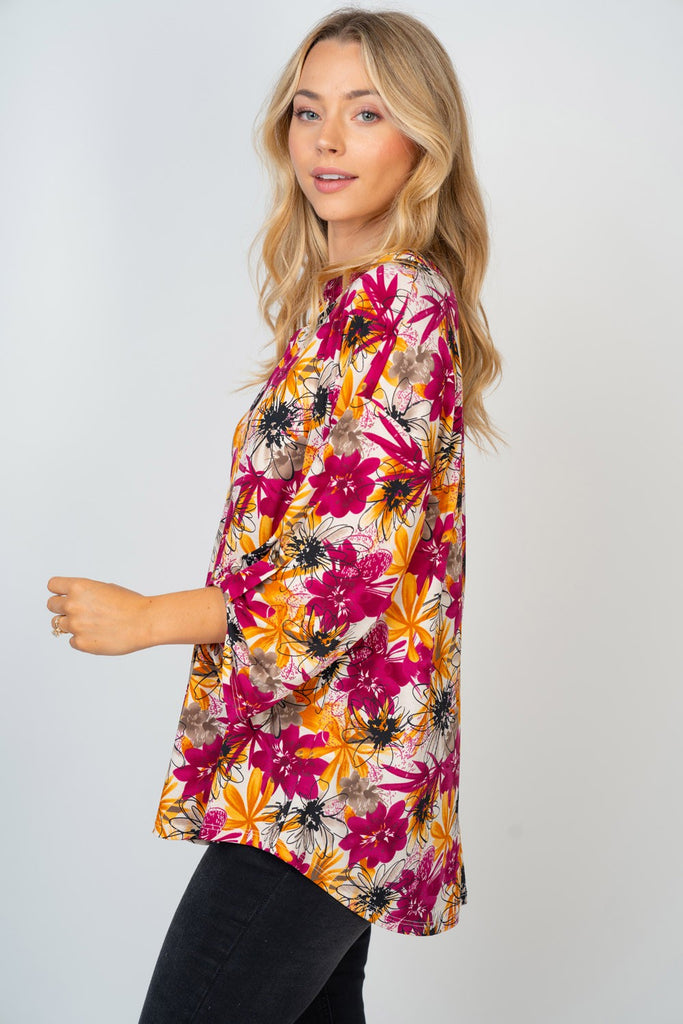3/4 Sleeve Multi-Color Floral Blouse-Shirts & Tops-White Birch-Three Birdies Boutique, Women's Fashion Boutique Located in Kearney, MO