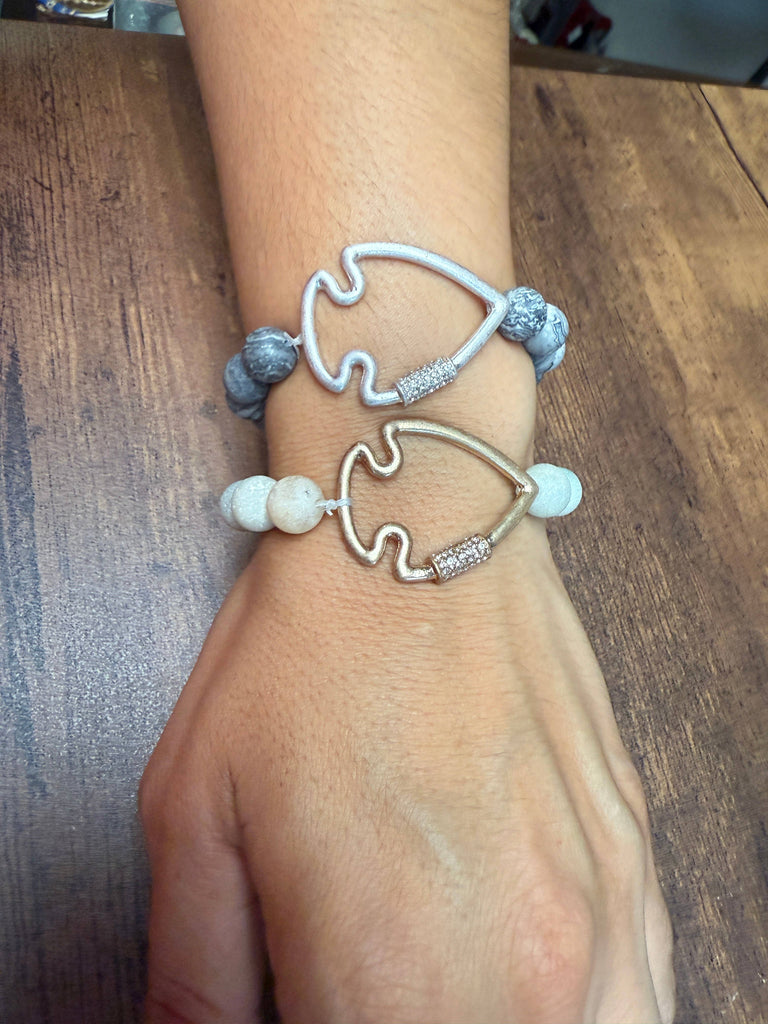 NEW! Bling Arrowhead Chunky Stone Stretch Bracelet: Pink Zebra Jasper-Paco Designs-Three Birdies Boutique, Women's Fashion Boutique Located in Kearney, MO