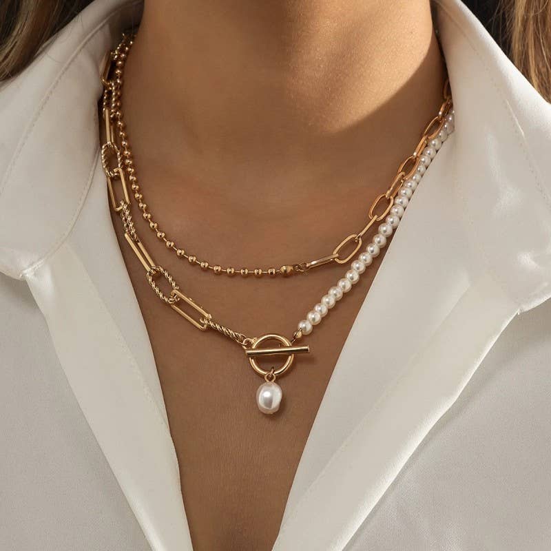 Double Layered Gold and Pearl Necklace-JOSSLYN by wall to wall-Three Birdies Boutique, Women's Fashion Boutique Located in Kearney, MO