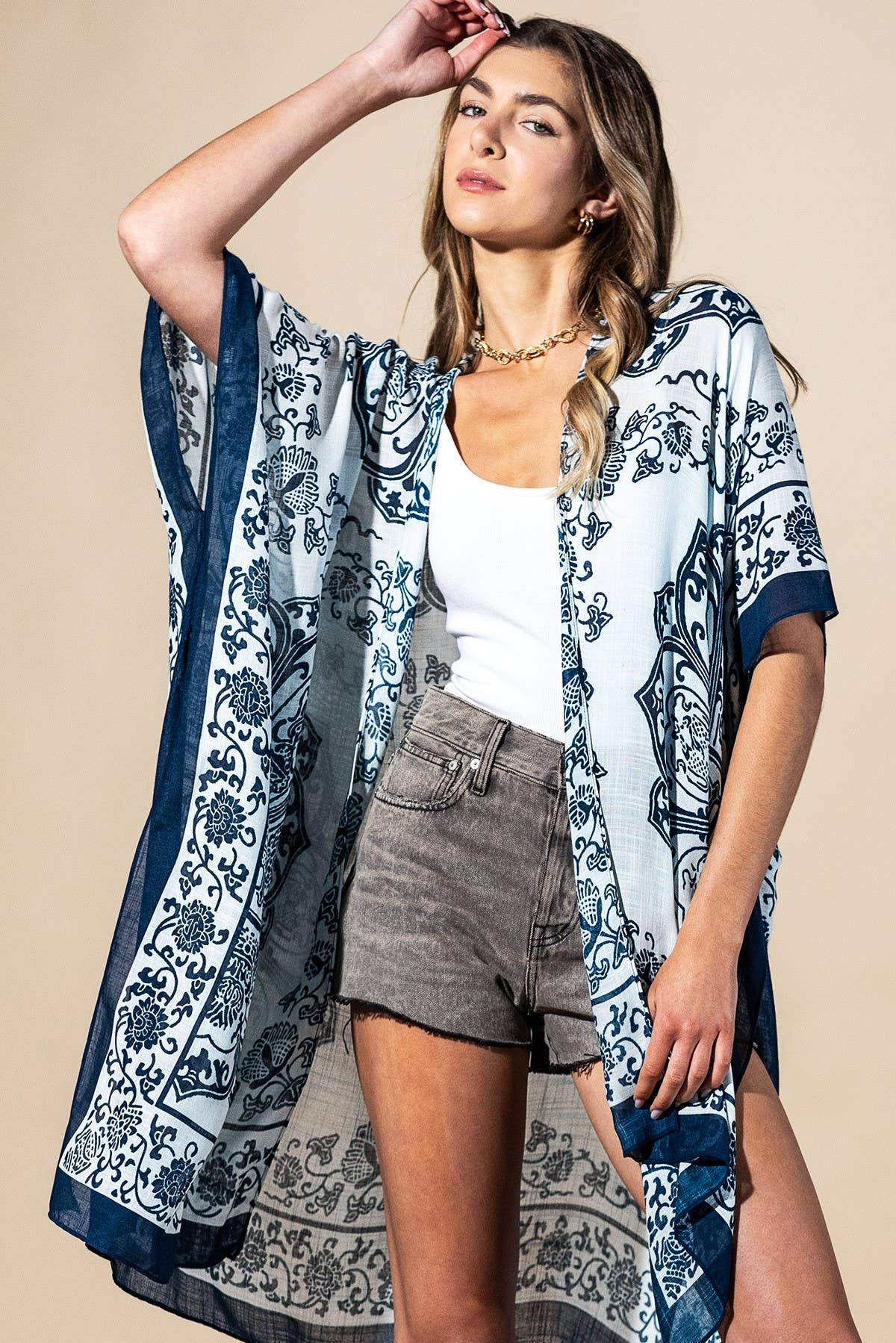 Santorini Mandala Viscose Kimono: Royal Mandala-Urbanista-Three Birdies Boutique, Women's Fashion Boutique Located in Kearney, MO