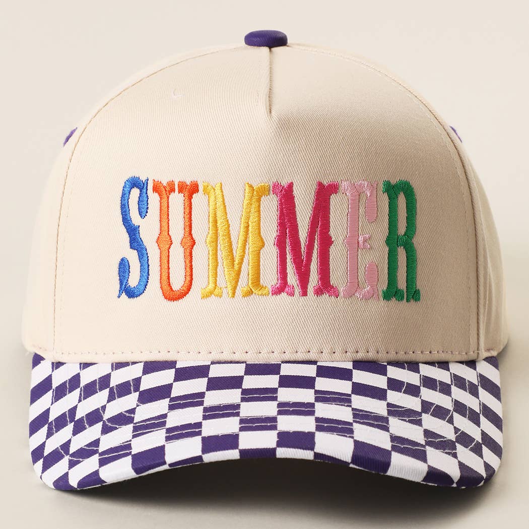 SUMMER Embroidered Checkered Brim Trucker Hat: BLUE / ONE SIZE { product_type }}